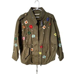 Ellison Utility Jacket Size Small/Medium Floral Embroidered Olive Green Flowers
